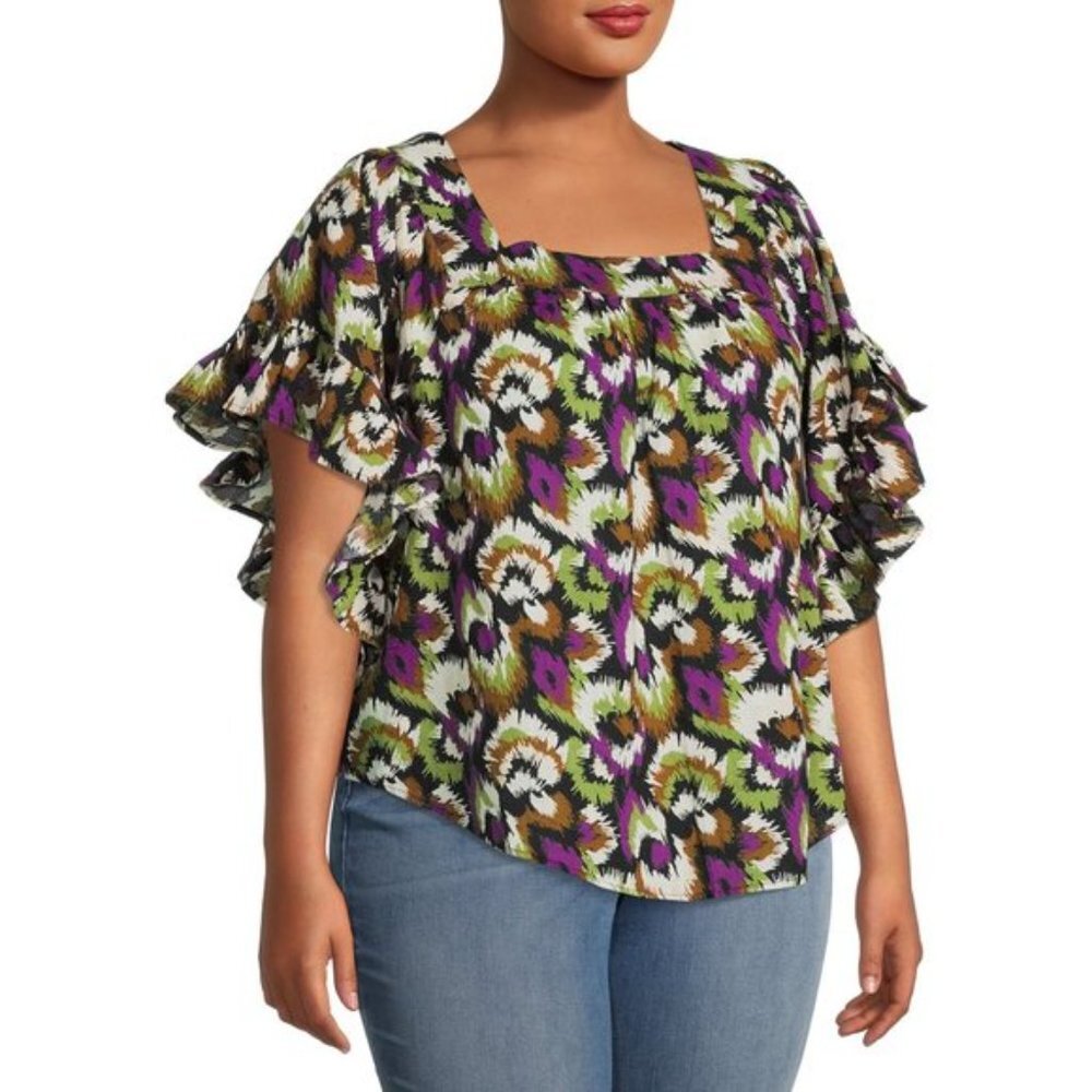 Terra & Sky Women's Plus Size Square Neck Peasant Top - Picture 2 of 7